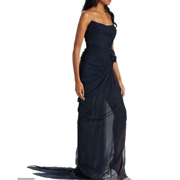 Oscar de la Renta Strapless Floral Appliqué Gown Navy Long Maxi Dress Crystal - Picture 6 of 13